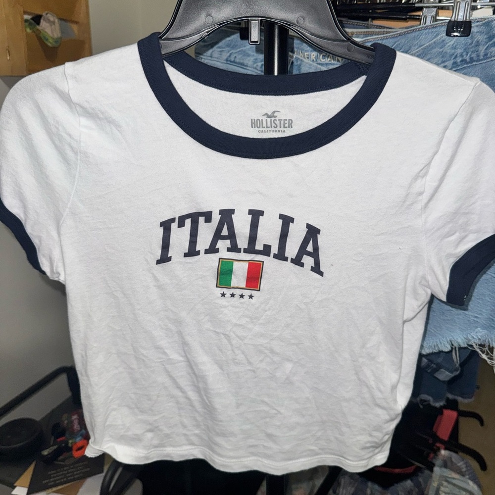Hollister White and Navy Italia Flag Tee